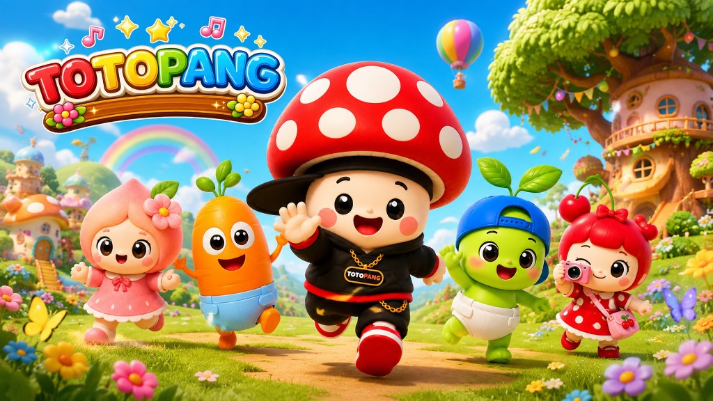 Totopang key art — the mushroom hero and his friends running through a sunny meadow